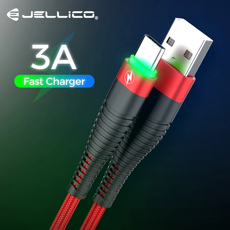 Jellico 3A LED الإضاءة USB نوع C كابل لسامسونج Xiaomi QC3.0 سريع كابل شحن USB-C شاحن الهاتف المحمول USB نوع -c كابل