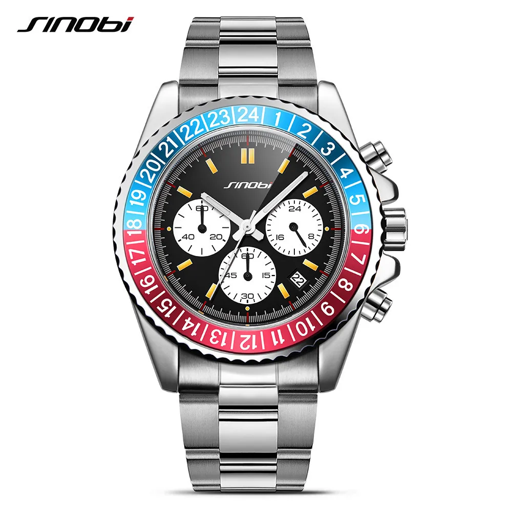 

SINOBI Fashion Mens Watches Rotatable Bezel Stainless Steel Bracelet Top Brand Luxury Chronograph Quartz Wristwatch reloj hombre