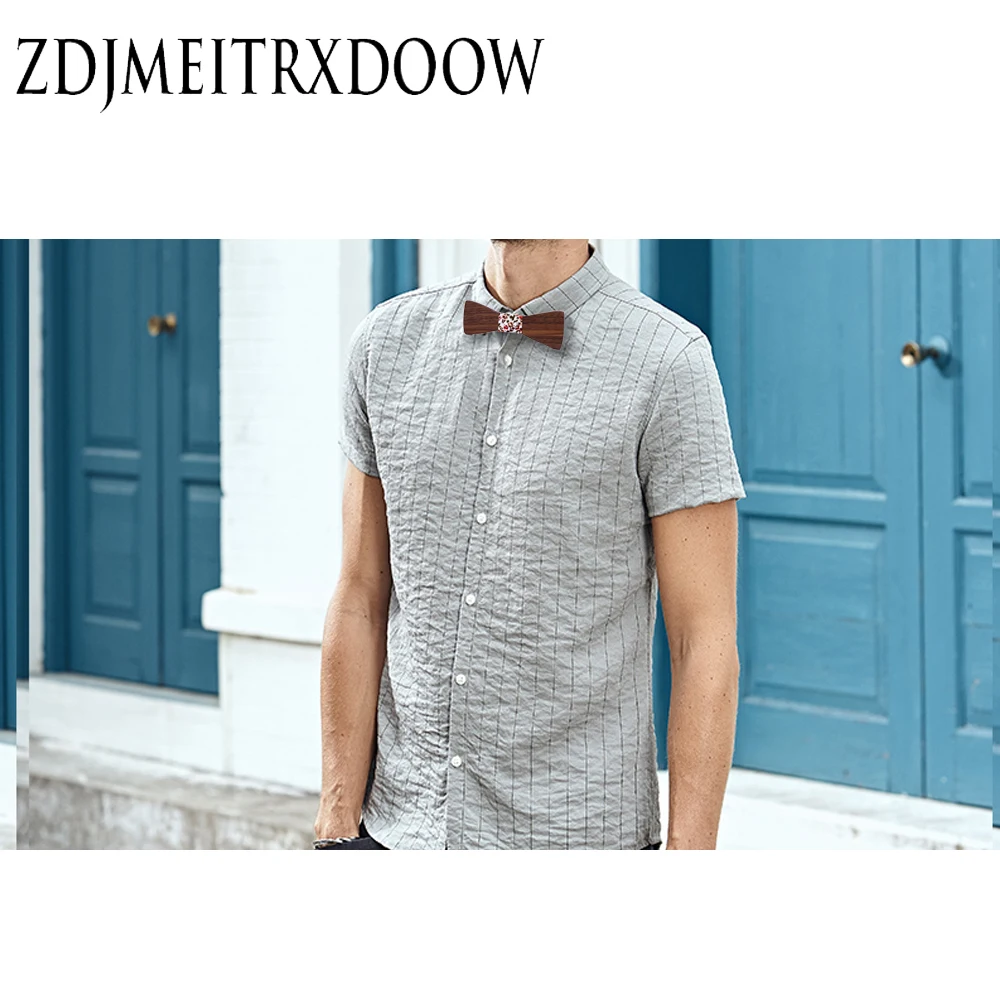  ZDJMEITRXDOOW Classic Wood Bowtie+Handkerchief+Cufflinks Sets for Mens Suit Wooden Bow Tie Printing