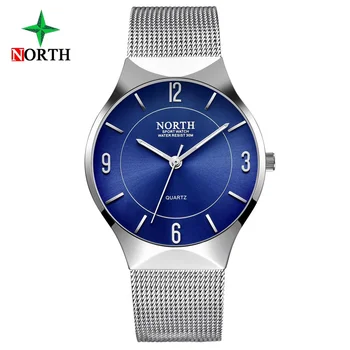 

Silver Blue Casual Men's Watch NORTH Brand Minimalism Fashion Stylish Stainless Steel Quartz Watch Men Waterproof Unique Clock