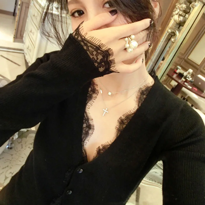 

Women Spring V-Neck Sexy black Slim crochet top Office Lady long-sleeved knit sweater coat cardigan lace female Sweater Coat