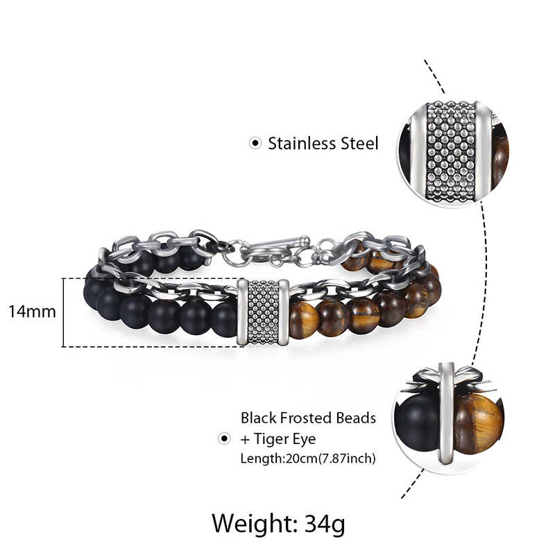 Пшеничный Роло браслет-цепочка для мужчин тигровый глаз камень Лава лазурит Gunmetal нержавеющая сталь очаровательные мужские браслеты с бисером DDBM47