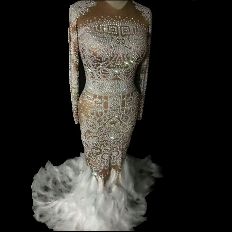 

Sparkly Rhinestones Feather Nude Dress Women Sexy Nightclub Full Stones Long Dress Costume Prom Birthday Celebrate Party Dresses