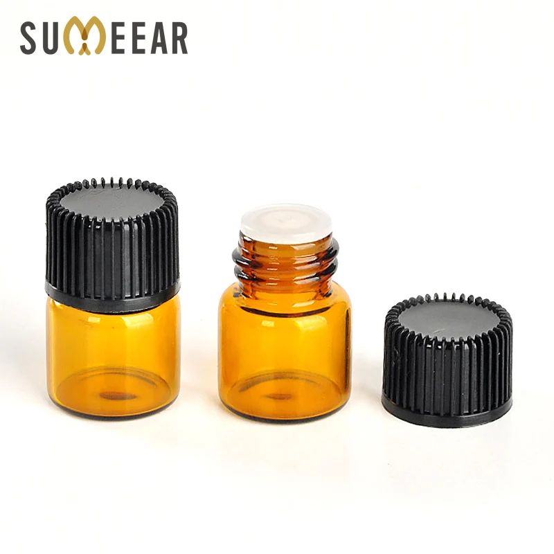

100Piece/Lot 1ML Amber Glass Essential Oil Bottle with Orifice Reducer and Cap Small Glass Bottle for liquid Sample Test Bottle