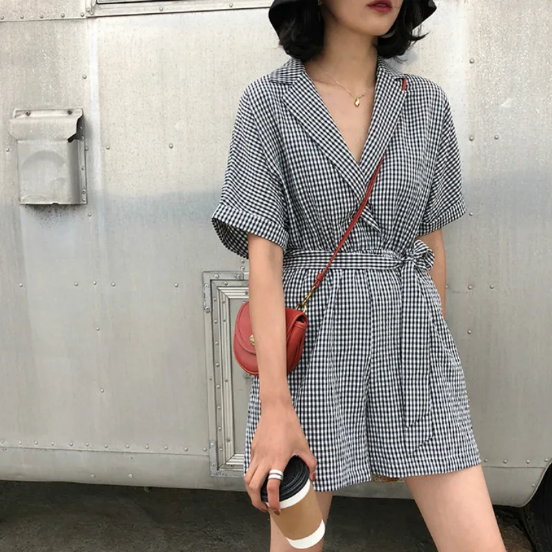 2019 Summer New Retro Style Simple Fashion Shorts Suit Collar Plaid Casual Jumpsuit Plus Size Bandage Jumpsuit