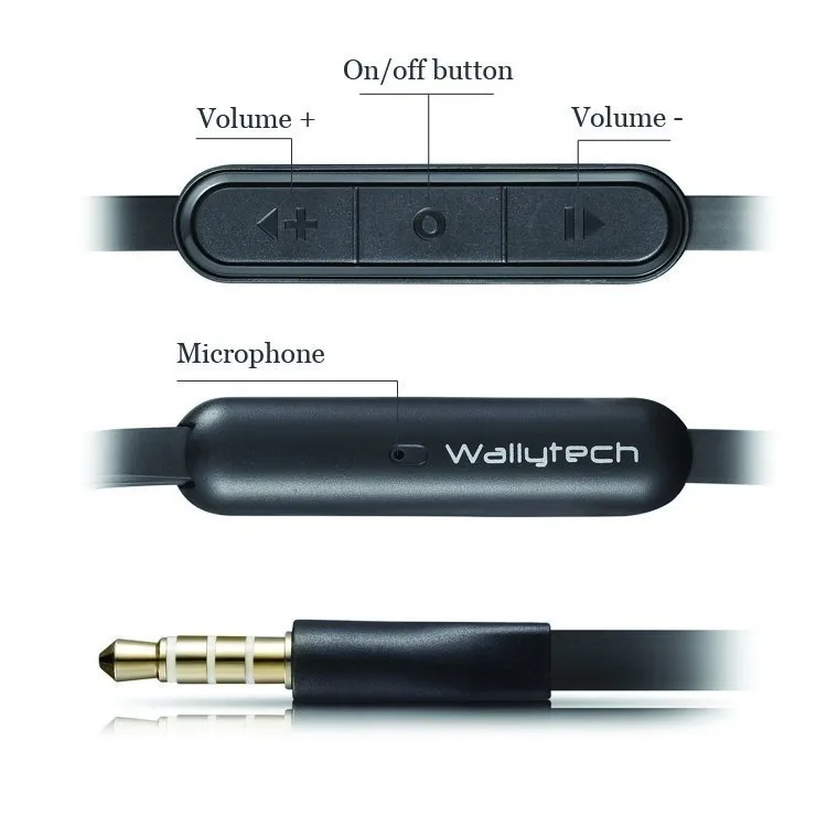 Wallytech WHF-107 flat cable earphone with  mic volume remote for samsung galaxy mic