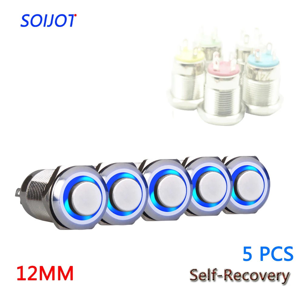 

5PCS 12MM High Head Self-Recovery Round Sign LED 3V~220V Metal Button Switch Instantaneous Button Automatic Reset Waterproof