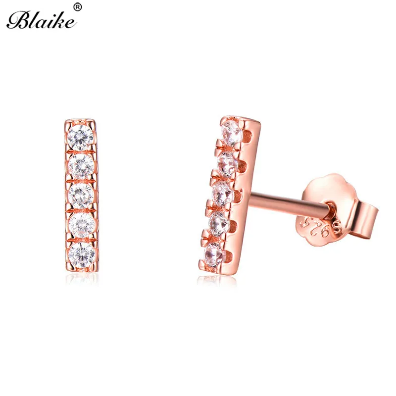 Blaike, розовое золото, заполненные/Настоящее 925 пробы, серебряные плоские серьги-гвоздики для женщин, маленькие прозрачные циркониевые Двойные серьги-гвоздики