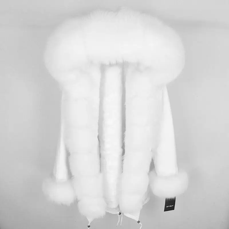 Brand Real Fur Coat Fashion Winter Jacket Women Natural Real Fox Fur Collar Loose Long Parkas Big Fur Outerwear Detachable - Цвет: white white