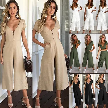

2019 Womens V-Neck Short Sleeve Strappy Holiday Long Playsuits Trouser Jumpsuit 3.21