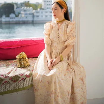 

Spring Autumn 2019 Women Vintage Floral Blue/Yellow Long Dress Ladies Victorian Retro Court V-Neck Formal Casual Maxi Dress Robe