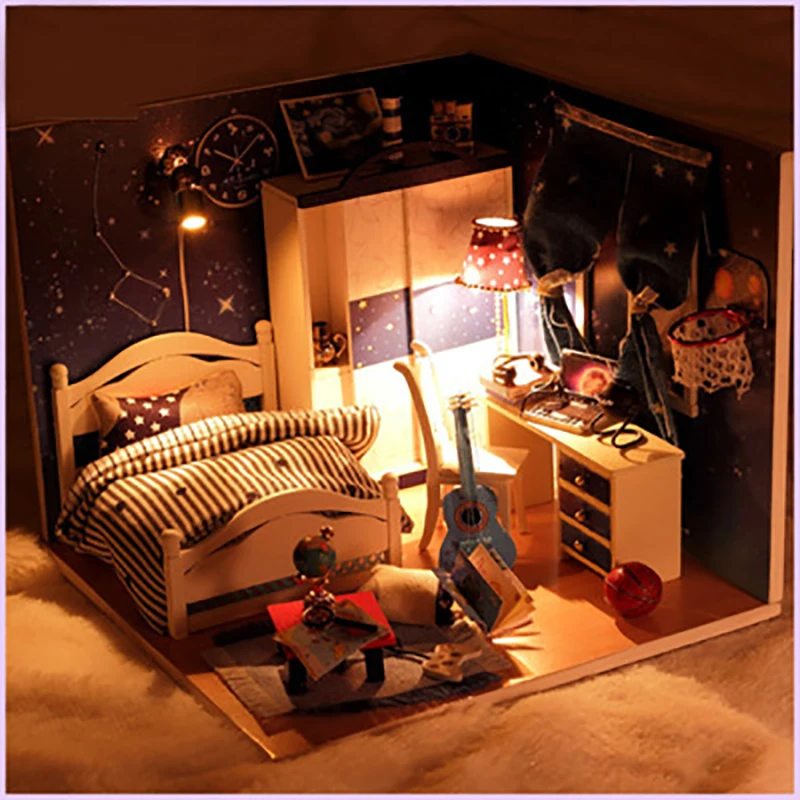 

DIY Model Doll House Miniature Dollhouse with Furnitures LED 3D Wooden House Toys For Children Birthday Handmade Crafts M008 #E
