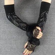 Настоящий мех кролика женские длинные перчатки из натуральной кожи зимние теплые Вечерние Перчатки, варежки без пальцев черные