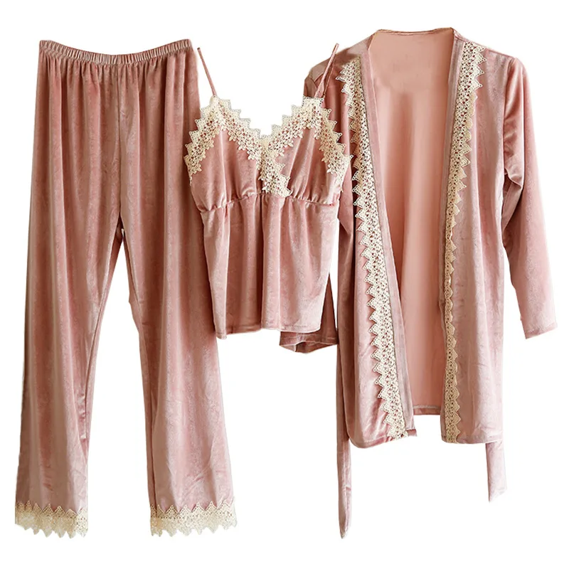 

2019 Ladies Pyjamas Long-sleeved Trousers Pajama Set Warm Velvet Sexy Sling Loose Pijama Mujer Home Suit Lingerie 3-piece Set