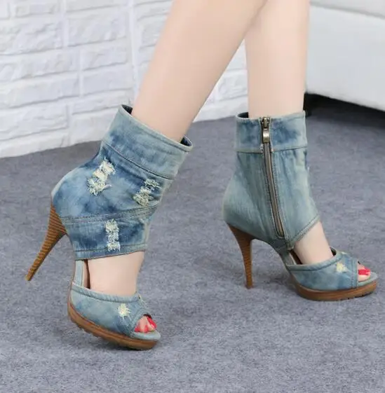 Newest woman boots fashion denim blue high heel sandal boots sexy open toe platform boots cut-outs ankle boots