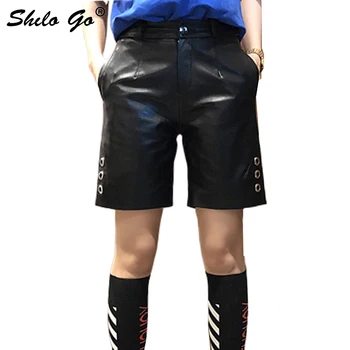 

Leather shorts Womens Spring Fashion sheepskin genuine leather shorts high waist side round rivet Casual straight short
