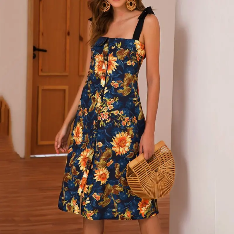 

Women Boho Backless Sexy Strap Chic Floral Dress Elegant Retro Romantic Sunflower Print Sundress Summer New Travel Beach Dresses