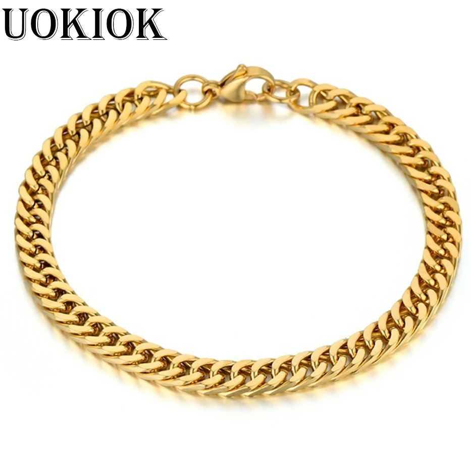 Mens Miami Curb Cuban Link Bracelet 6.5mm Gold Color Stainless Steel Chain Link Bracelet For Men Hip Hop Jewelry 21cm Braslet
