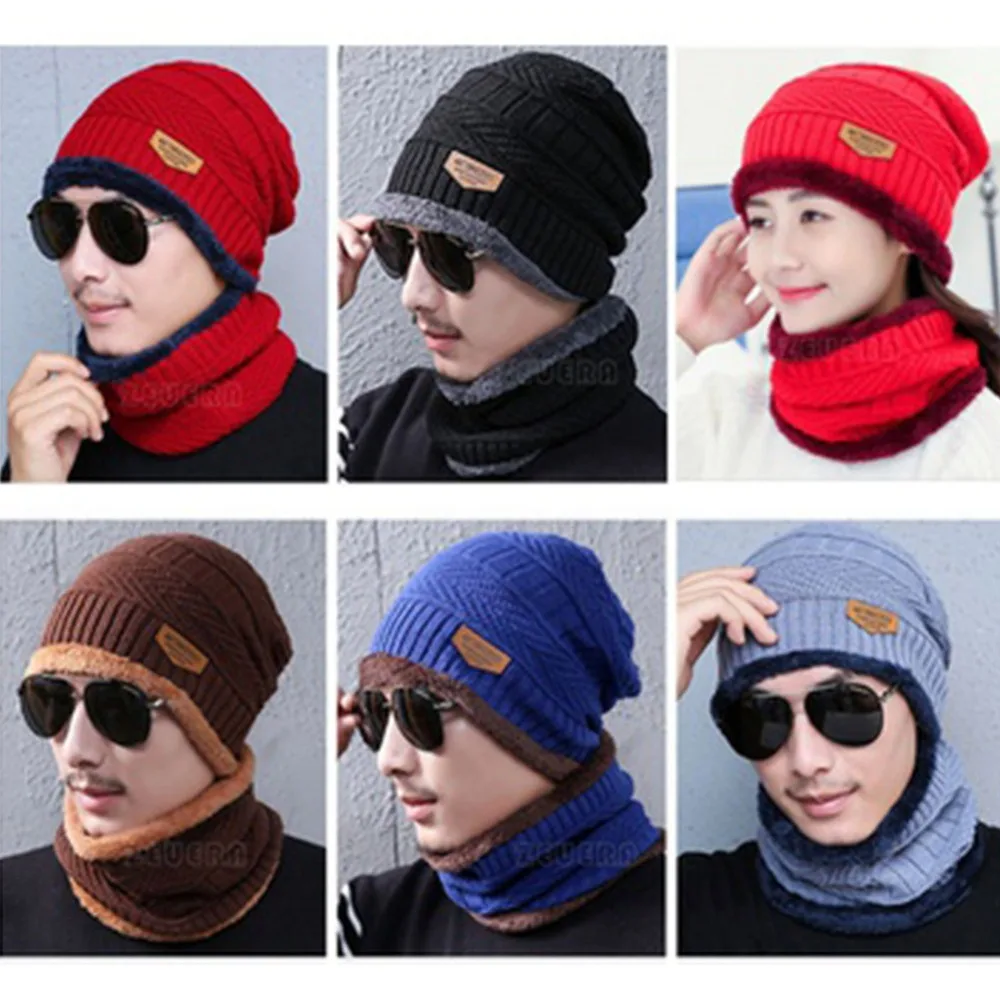 Зимний комплект из 2 предметов, шарф, шапка, грелка для шеи, женская, мужская, толстая, вязаная, женская, мужская, вязаная шапочка, шарф