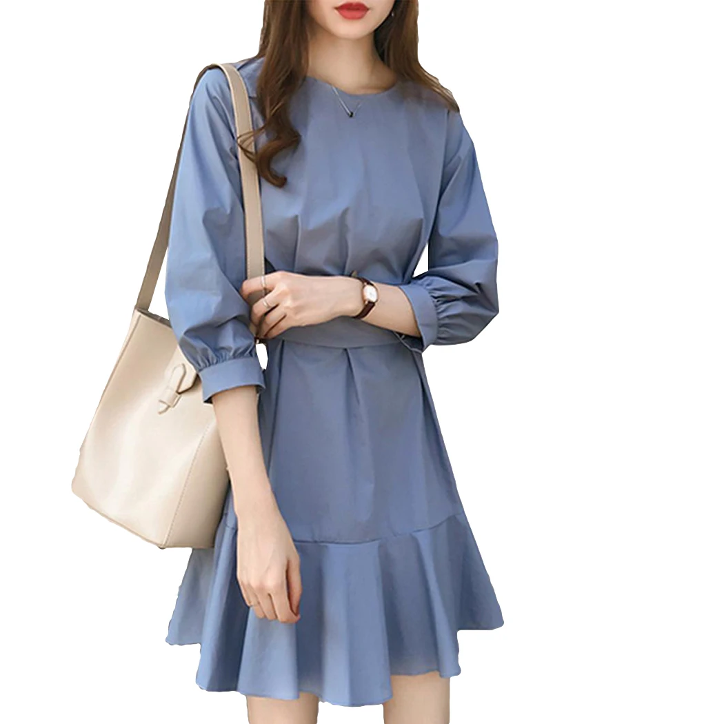Silk Blue Офисное женское платье 3/4 с длинными рукавами, женское летнее милое кружевное вечернее платье в Корейском стиле, свободное однотонное мини-платье, Vestido - Цвет: Silk Blue