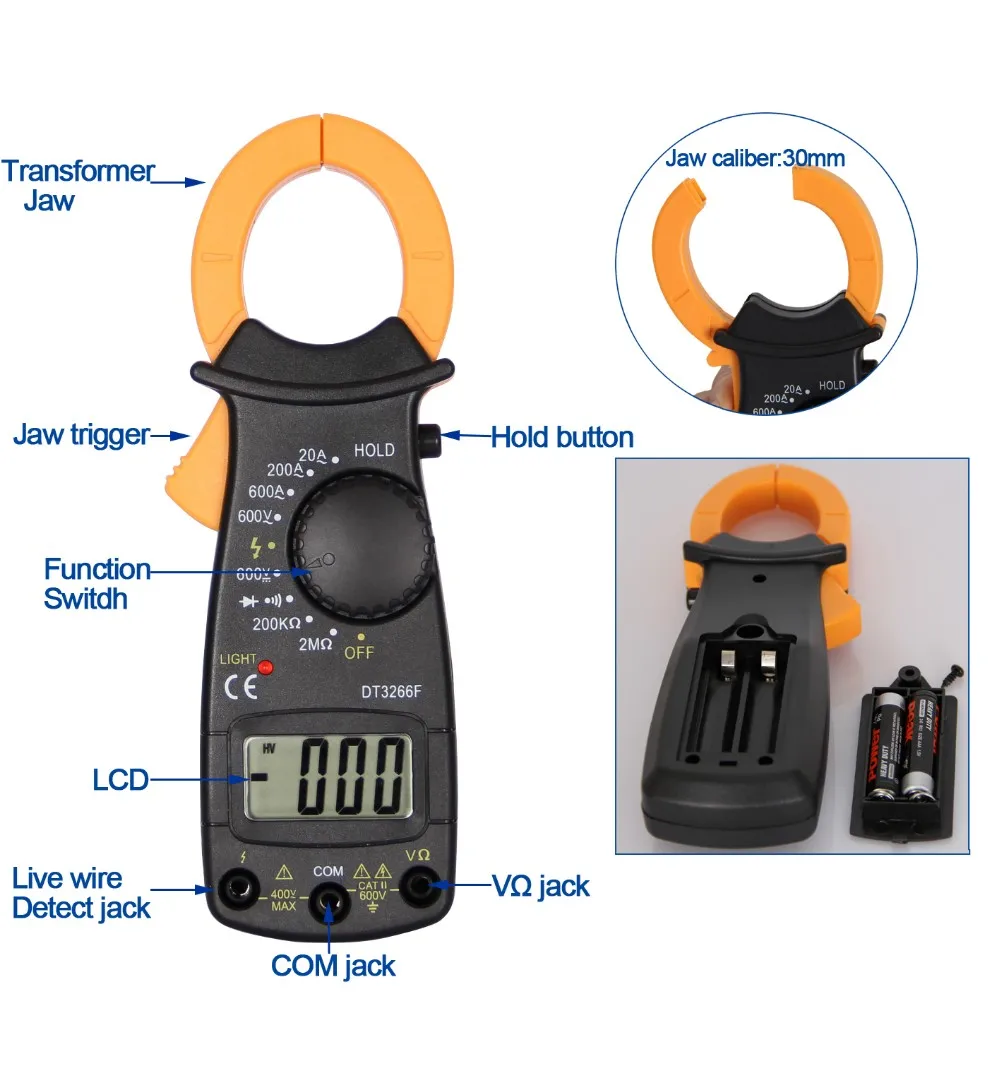 

Digital Clamp Meter OHM With Buzzer Diode Continuity test Live wire detection For AC Current AC/DC Voltage Digital Ammeter