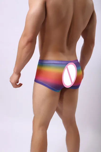 New Mens sexy underwear Mens fashion Rose &rainbow print gauze breathable Low-waisted U convex Boxers shorts Male underpants -
