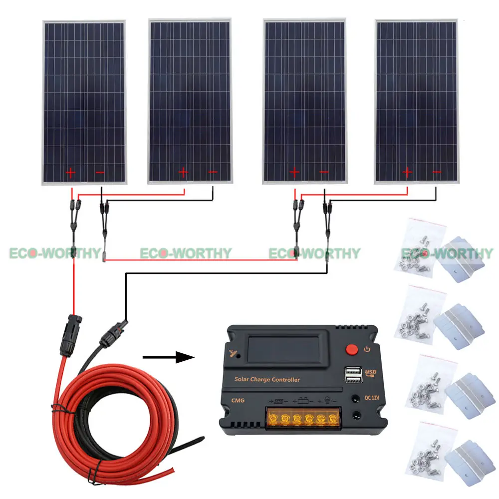 

4pcs 150W 24V off Grid 600W Solar System w/ 20A Temperature Reguator for Caravan