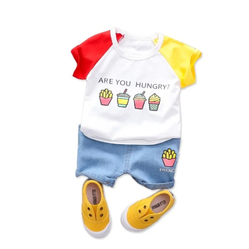

2019 New Summer Boys Clothing Sets Kids Boys Are You Hungry Worlds Food Printed Pattern T-shirt + Shorts 2pcs Boys Girls Jeans