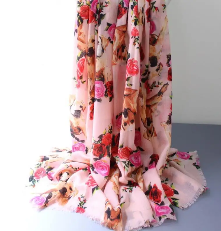 pure cashmere flowers animals print women fashion thin scarf shawl pashmina 100x200cm wholesale retail - Цвет: pink dogs roses