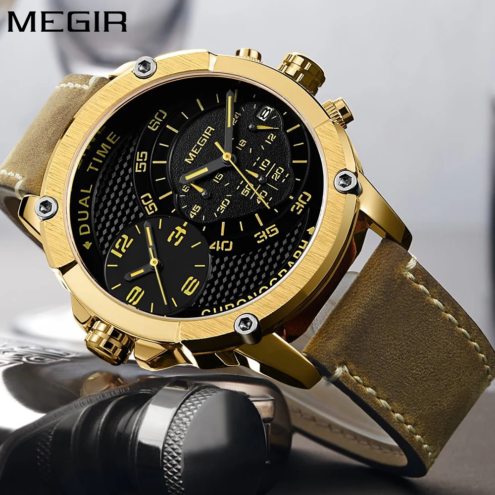 

MEGIR Mens Watches Top Brand Luxury Gold Big Dial Function Military Sport Wrist Watch Men Quartz Waterproof Leather Clock 2018