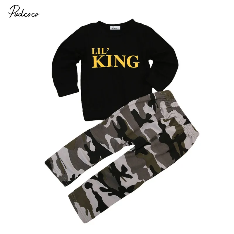 Pudcoco/осенне-зимняя одежда для мальчиков футболка с надписью «Lil King» камуфляжные штаны Одежда для мальчиков из 2 предметов черный свитер комплект для малышей