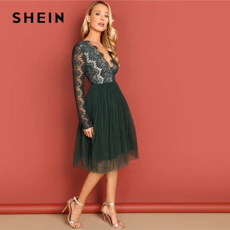 SHEIN Нарядное Платье С Кружевной Вставкой И Глубоким Вырезом, Ажурное Платье С Длинным Рукавом