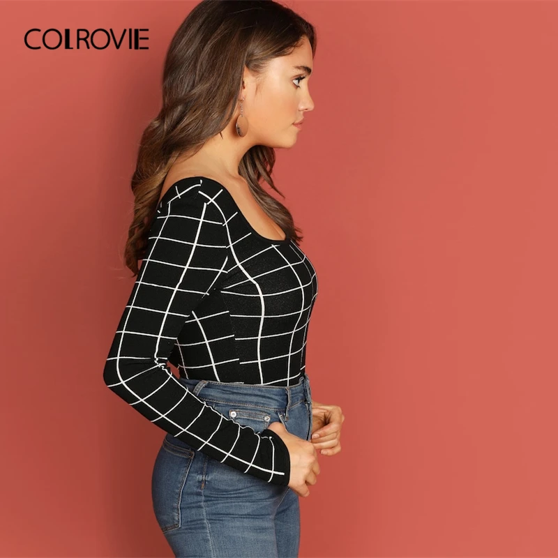 COLROVIE черная облегающая Повседневная клетчатая футболка с квадратным вырезом Женские топы Весенняя элегантная рубашка с длинным рукавом Офисная Женская футболка