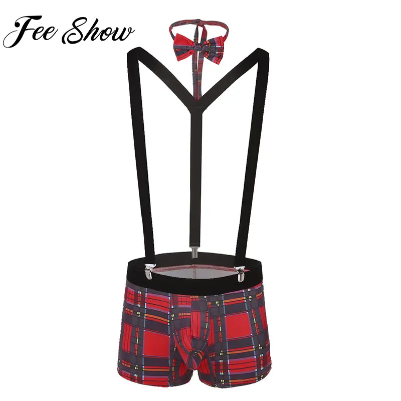 Men Sexy Costumes 3pcs Male Lingerie Plaid Bulge Pouch Boxer Underwear