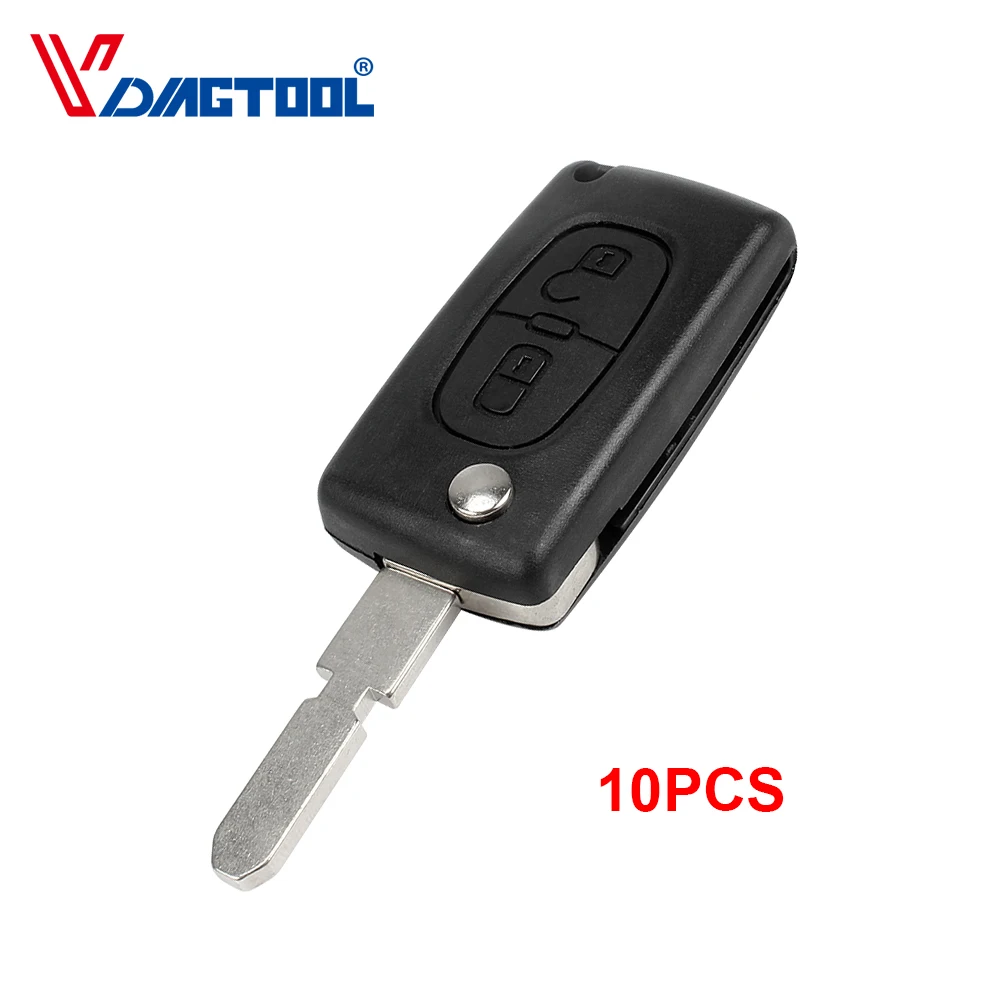 

VDIAGTOOL Flip Folding 10pcs 2 Buttons Key Shell Car Key Case Blank Fob For Peugeot With 406 blade and battery holder(CE0536)
