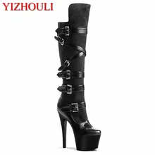 Пикантные сапоги до колена на высоком каблуке 15-17 см для сцены, растягивающиеся Сапоги выше колена из лакированной кожи, большие размеры, обувь для танцев
