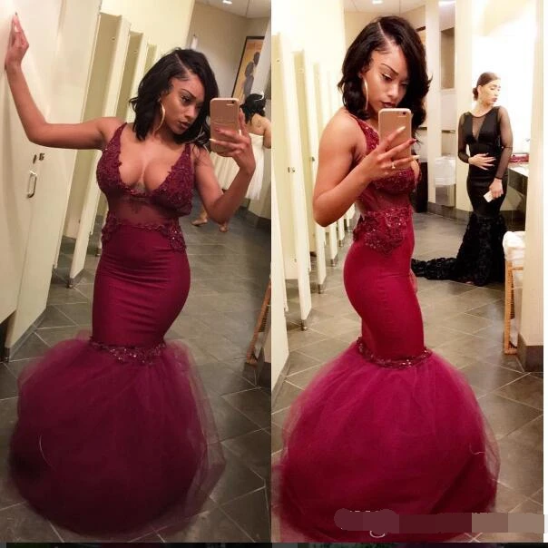 

Fashion Simple Elegant Appliques Lace Deep V Neck Mermaid Long Tulle Party Formal Women Evening Dress 2019 sexy Prom Dresses