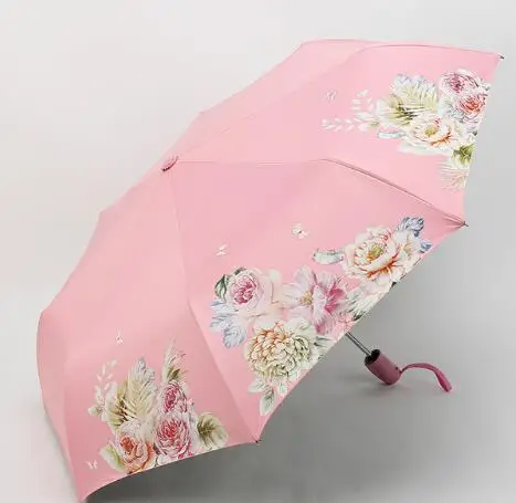 Автоматический складной зонт для женщины цветок Три складной Анти-УФ зонт от солнца Модный женский зонтик от солнца зонтик - Цвет: Розовый