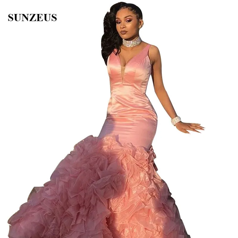 Mermaid Prom Jurk Met Ruches Rok Trompet Ontwerp V-hals Mouwloos Lange Roze Partij Jassen Voor Zwarte Meisjes Vestidos Compridos Mermaid Prom Jurk Met Ruches Rok Trompet Ontwerp V-hals Mouwloos Lange Roze Partij Jassen Voor Zwarte Meisjes Vestidos Compridos