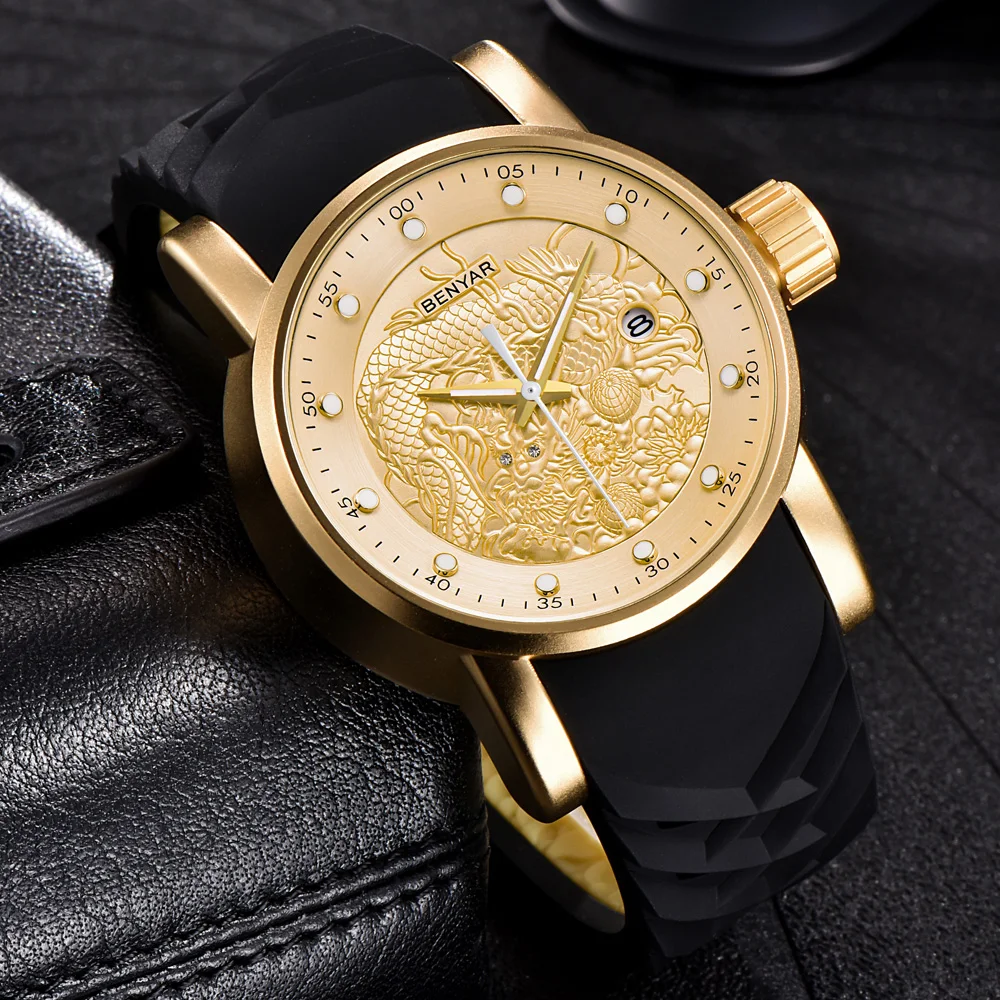 Китайский дракон календарь BENYAR люксовый бренд часы для мужчин водонепроницаемый силиконовый ремешок модные кварцевые простые часы Relogio Masculino