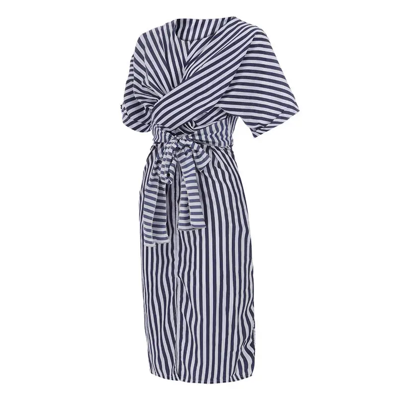 New Women Summer Fashion Casual Daily Elegant Cotton Blue Striped Bandage Split Long Dress Long Dress #4A25 (8)