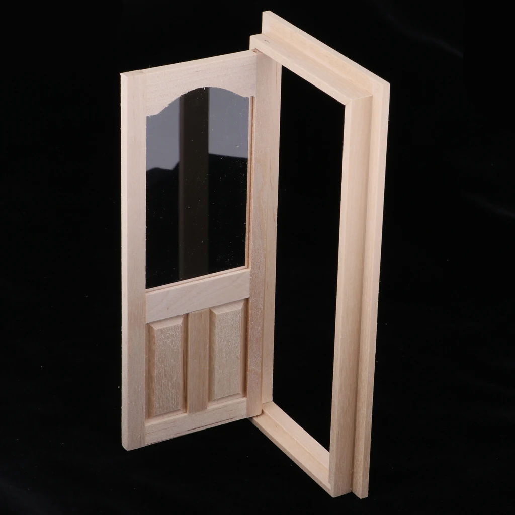 Wood Miniature 2-Pane Single Door Frame 1/12 Dollhouse DIY Decor Accessory Kids Pretend Play Toy Dollhouse Accessories