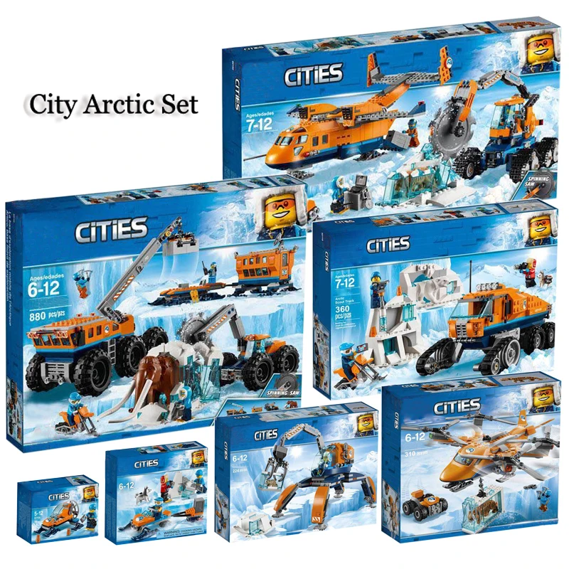 

City Arctic Mobile Exploration Base Ice Glider Explore Team Supply Plane Ice Crawler Air Transport Helicopter Model Blocks Toys