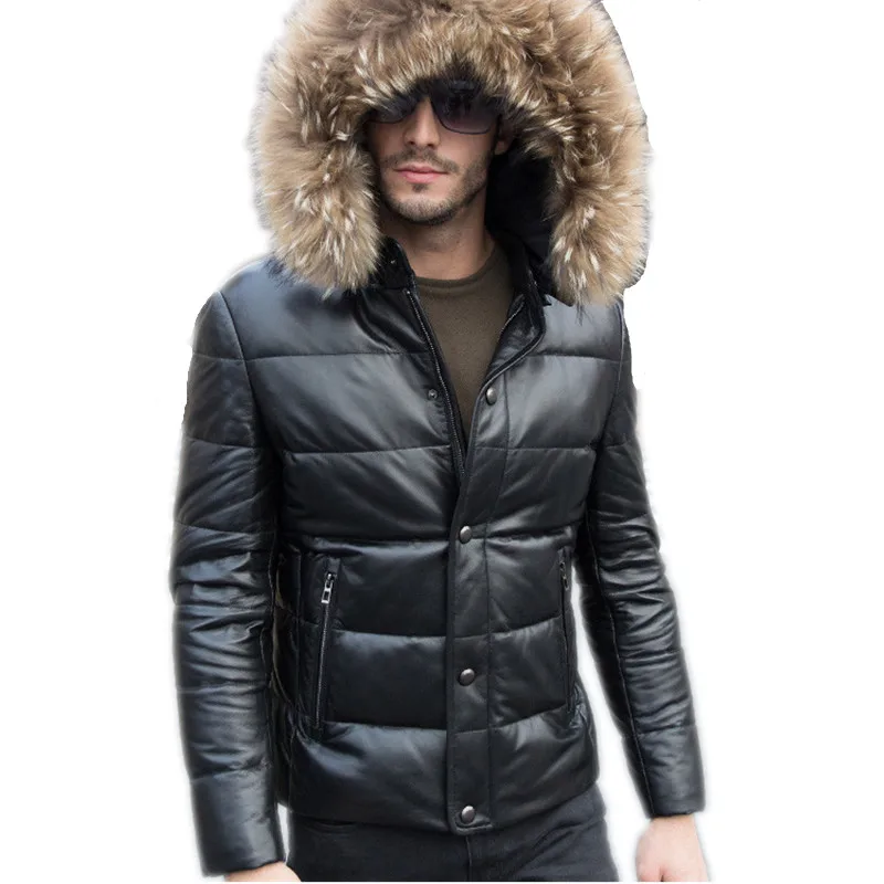 

winter leather jacket men 2018 fashion genuine sheepskin leather jacket mens duck down jackets fur collar warm parka coat jf0161