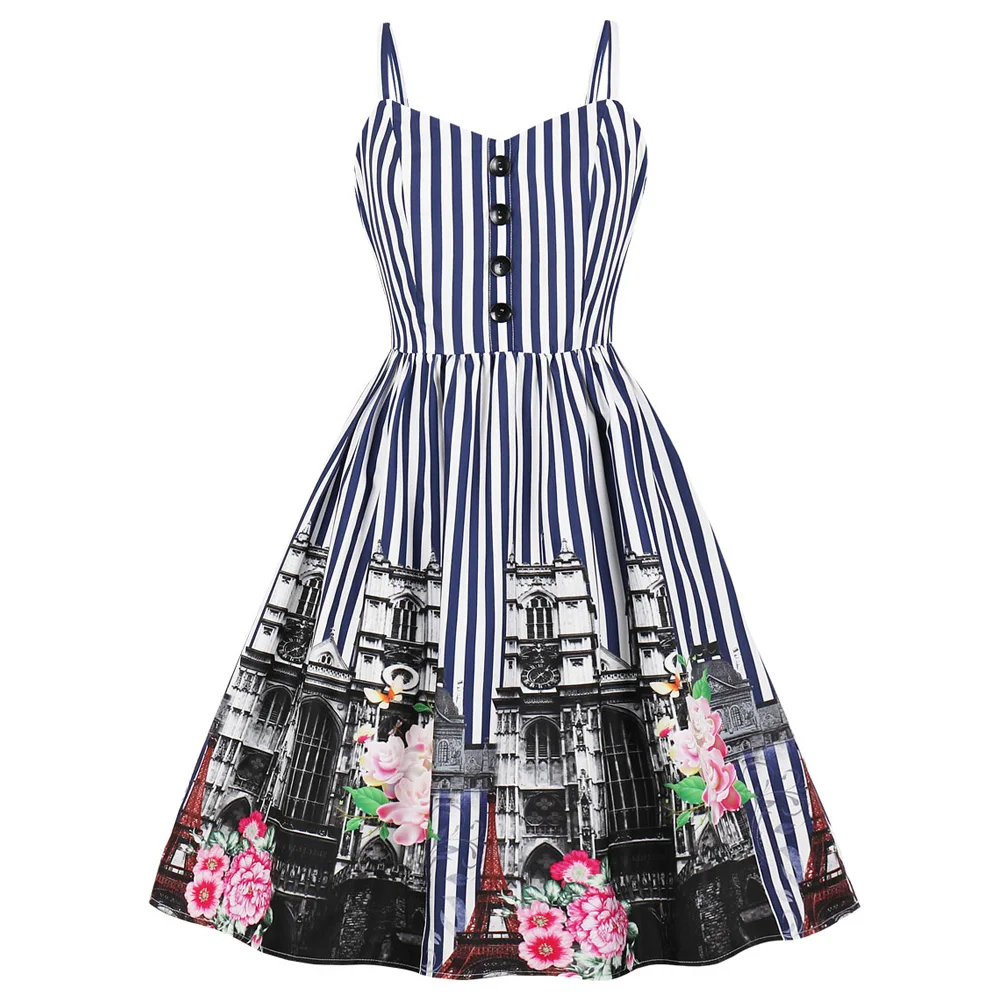 

Joineles 60s Style Audrey Hepburn Women Retro Dress Architecture Rose Floral Summer Vintage Dress Pin Up Rockabilly Vestidos