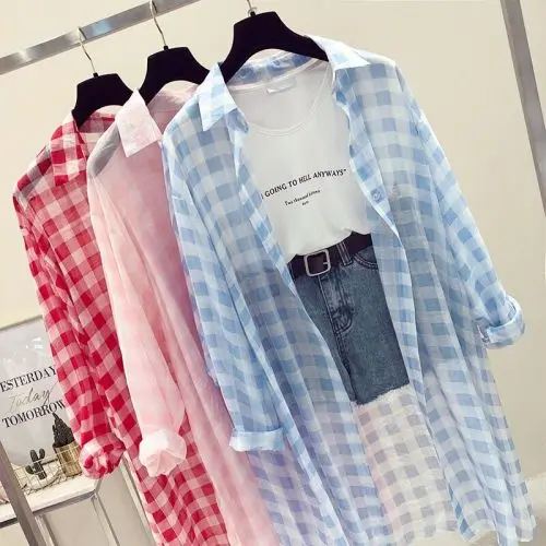 

Summer New Women Casual Medium Length Fund Multi Color Shirts Loose Long Sleeve Plaid Shirt Thin Coat Female Shirts
