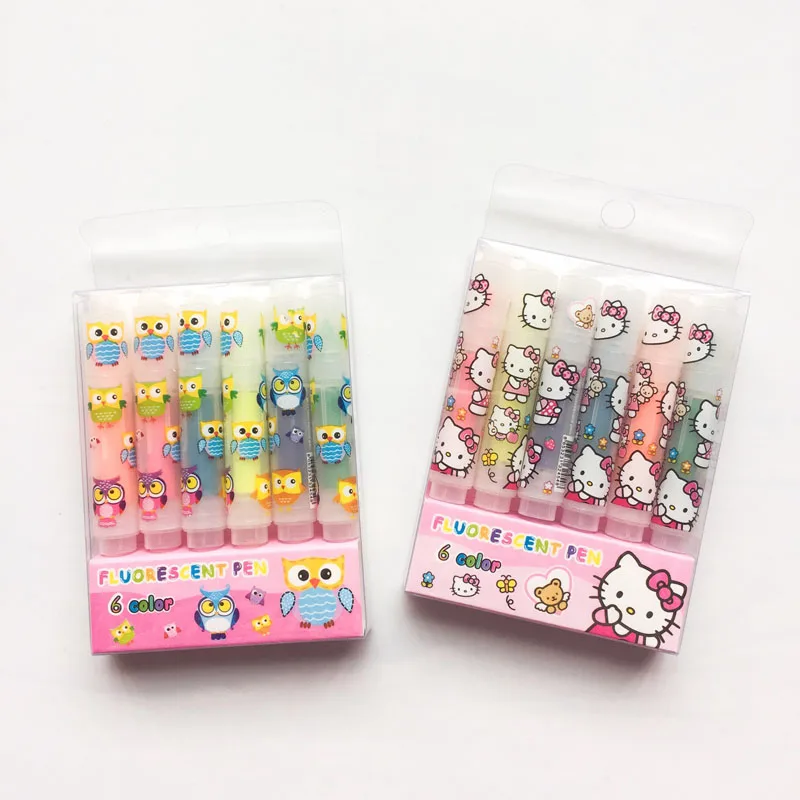 P37 6pc / Set Cute Hello Kitty Owl Pocket Mini Highlighter Paint Marker