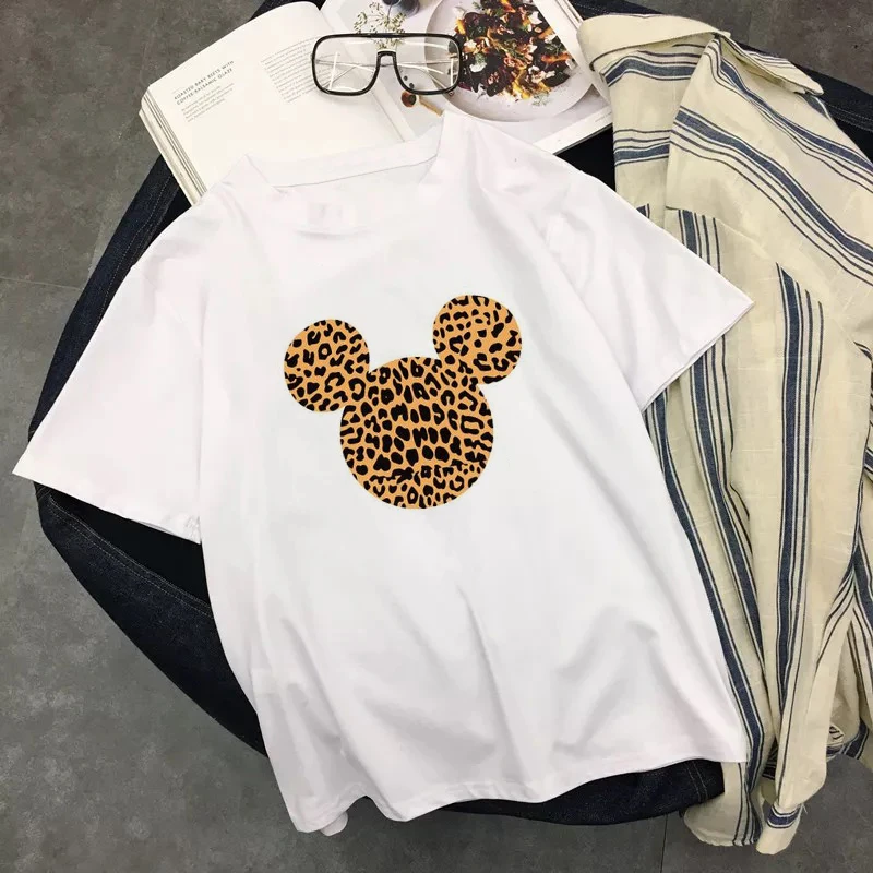 Женская летняя футболка Camiseta Mujer Ulzzang топы графическая Femme леопард Микки Минни