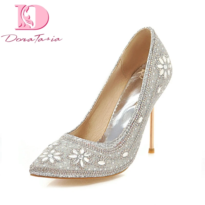 

Doratasia large size 33-48 sequined cloth pointed toe thin high heels Shoes Woman crytal bling decoration party pumps