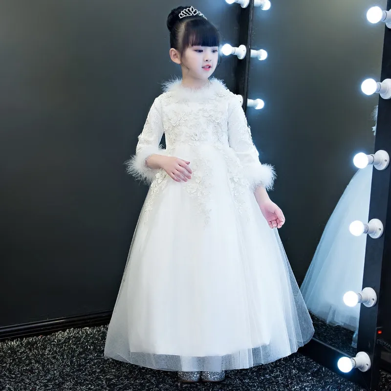 

2017 New Hot-sales White /Red Color Children Girls Winter Warm Embroidery Flowers Princess Lace Ball Gown Wedding Birthday Dress